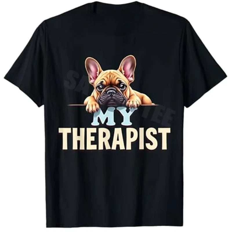 Funny Frenchie GSD Shep Puppy My Therapist French Bulldog Dog T-Shirt Y2k German Shepherd Dog Lover Graphic Top Cute Pug-dog Tee