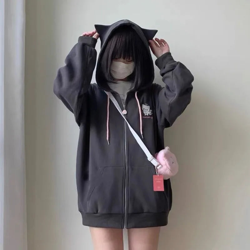 America Cartoon Cat Embroidery Cardigan Y2k Hooded Zipper Sweatshirt Women Streetwear Aesthetics Grunge Sweet Tops Harajuku Coat