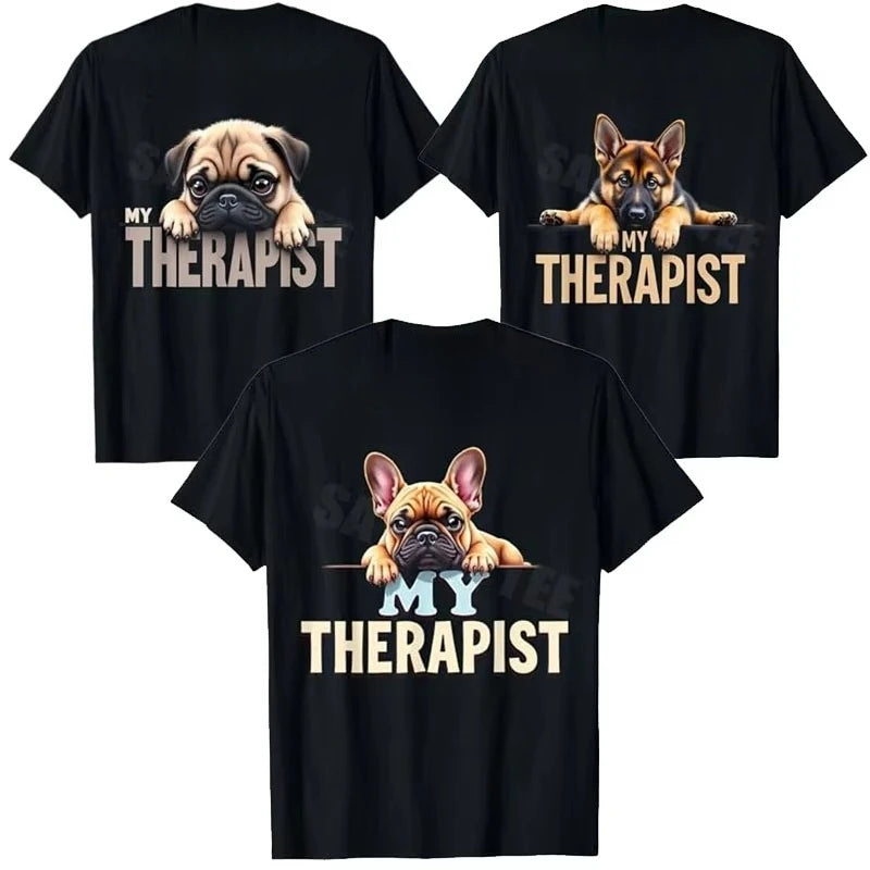 Funny Frenchie GSD Shep Puppy My Therapist French Bulldog Dog T-Shirt Y2k German Shepherd Dog Lover Graphic Top Cute Pug-dog Tee