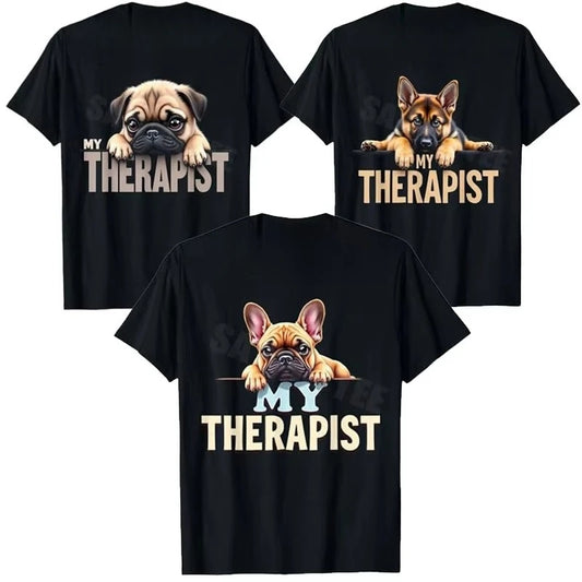 Funny Frenchie GSD Shep Puppy My Therapist French Bulldog Dog T-Shirt Y2k German Shepherd Dog Lover Graphic Top Cute Pug-dog Tee